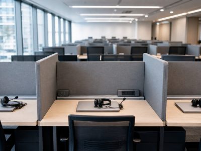 客服中心座位區三個相鄰工位各擺闔起筆電與頭戴式耳機麥克風，背景為整排相同工位｜台灣小租