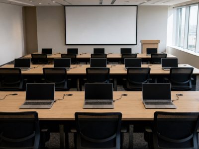 企業內訓教室排列整齊的筆電，投影幕與座位備妥待開課｜台灣小租