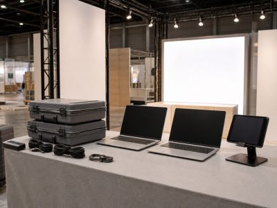 展場攤位搭建現場臨時桌上架設的兩台筆電與平板立架，旁有未拆封設備箱與捲好電源線｜台灣小租